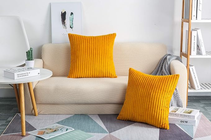 TangDepot Velvet Big Corduroy Pillow Covers 14x14 Deep Yellow 2-Pack | Soft wide-stripe corduroy pillow cover, hidden zipper, machine washable, easy refresh, for bedroom living room indoor outdoor