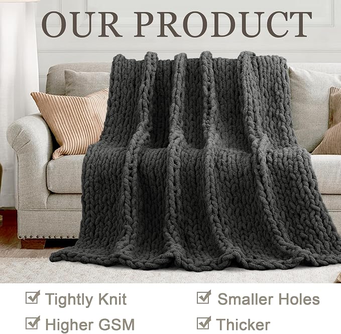Chunky Knit Throw Blanket 50x60, 100% Handmade Chenille Yarn | 4.4lbs Soft Thick Cable Knitted Blankets, Large Rope Knot Crochet Throws for Couch Sofa Bed Machine Washable, Dark Grey