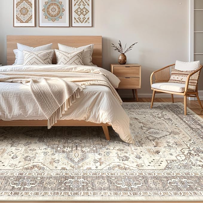 5X8 Area Rug Living Room: Washable Boho Large Neutral Vintage Soft Rugs Stain Resistant Farmhouse Non Slip Indoor Floor Carpet for Bedroom Nursery Kids Playroom Office Dining Room Home Decor- Brown