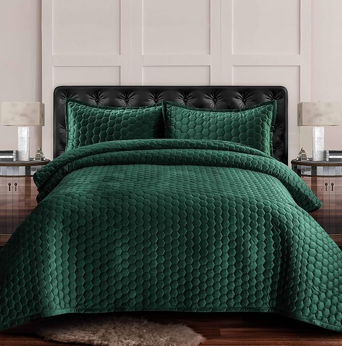 Tribeca Living Lugano Oversized Velvet Quilt Set - All Season, Extra Large, 2 Piece Twin Size Comforter Set with 1 Pillow Sham in Teal Honeycomb Pattern 260GSM