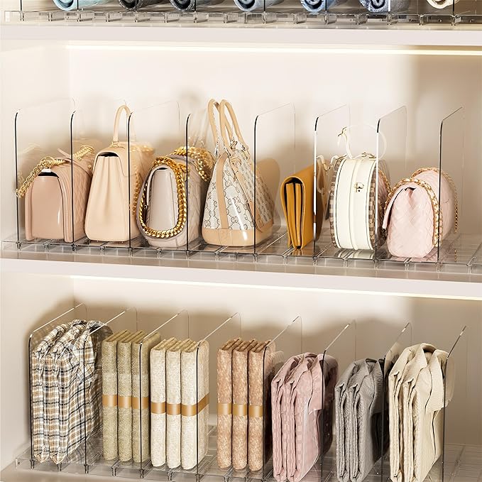 JOYZAN Purse Organizer for Closet Stackable, Adjustable Closet Purse Organizer, Clear Acrylic Shelf Dividers, Detachable Handbag Storage Separator Dividers for Home, Office - 1 Pack