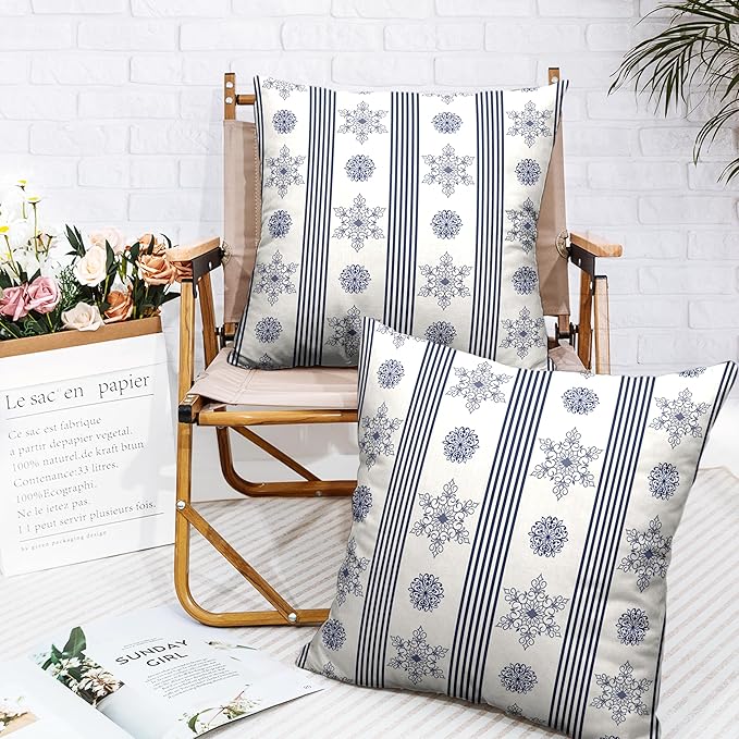Winter Pillow Covers Blue and White Porcelain Blue Snowflakes Striped Throw Pillow Covers Navy Blue Floral Pillowcase 16x16 Set of 2 Neutral Cushion Case for Couch Sofa