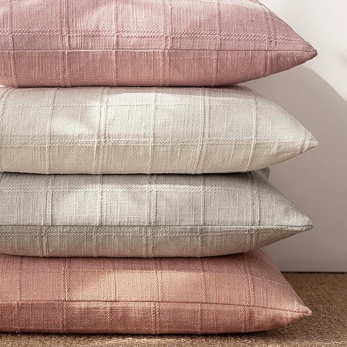 Foindtower Set of 2 Decorative Linen Check Throw Pillow Covers Neutral Farmhouse Vintage Cushion Covers Modern Boho Accent Home Decor for Sofa Chair Couch Bedroom Living Room,20×20 Inch,Coral Pink