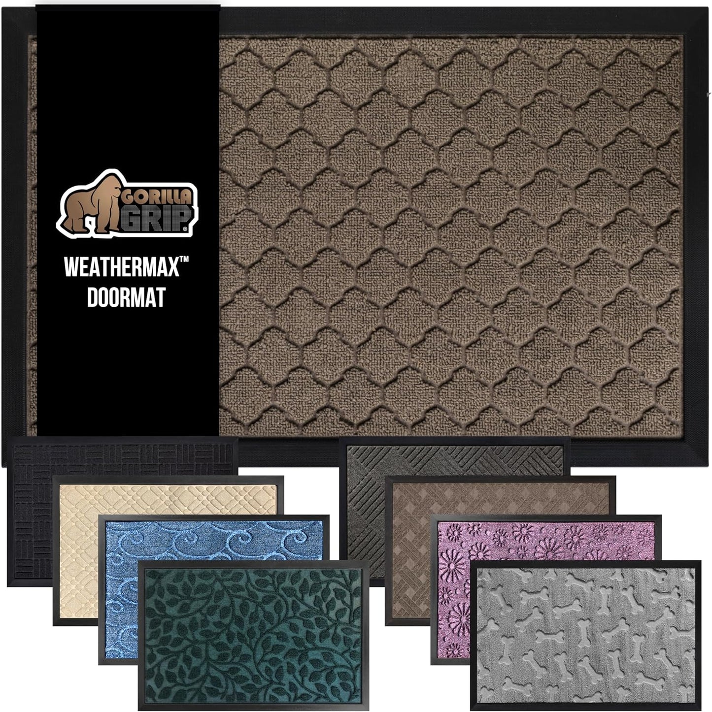 GORILLA GRIP 100% Waterproof All-Season WeatherMax Doormat, 72x24, US Designed Natural Rubber, Stain and Fade Resistant, Low Profile Indoor Outdoor Door Mats, Easy Clean Patio Mat, Latte Quatrefoil