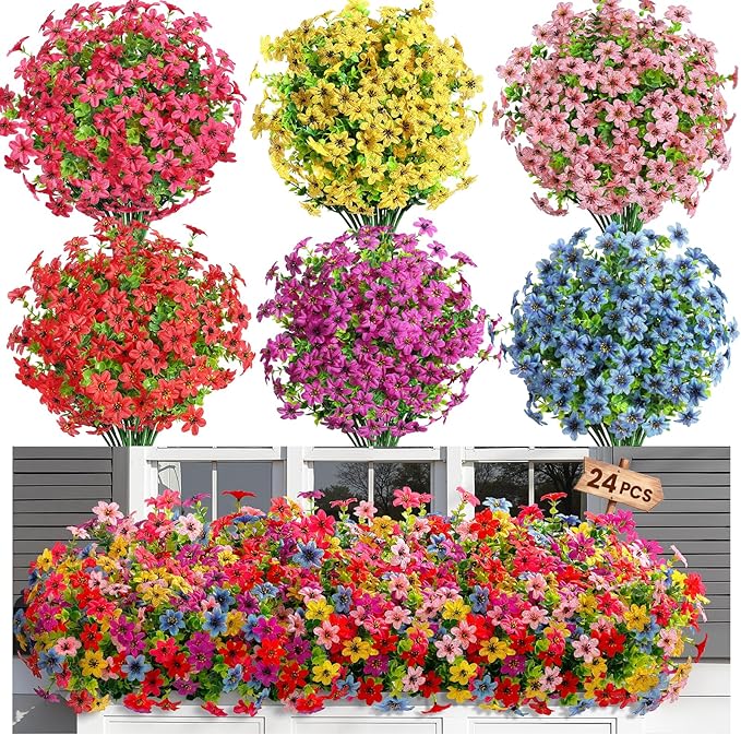 SHareconn 24 Bundles Artificial Flowers for Outdoors Spring Decoration, Fake Silk Realistic Faux Plants UV Resistant for Outside Planter Porch Patio Summer Indoor Decor, RedRosePurpleYellowPinkBlue