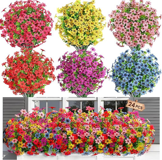 SHareconn 24 Bundles Artificial Flowers for Outdoors Spring Decoration, Fake Silk Realistic Faux Plants UV Resistant for Outside Planter Porch Patio Summer Indoor Decor, RedRosePurpleYellowPinkBlue