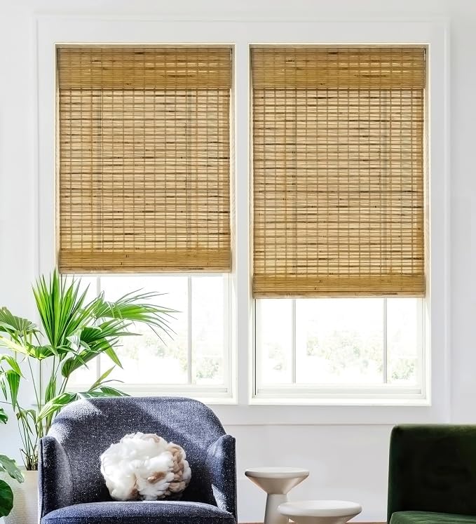 LazBlinds No Tools No Drill Cordless Bamboo Roman Shades, Light Filtering Window Treatment, Roll Up Bamboo Blinds for Windows 20'' W x 64'' H, Dali Native