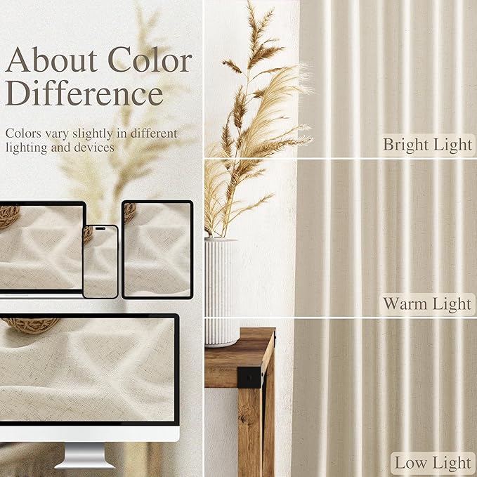 Nanspring Vanilla Curtains 90 Inches Long for Living Room Linen Light Filtering Semi Sheer Curtain Back Tab Rod Pocket Modern Farmhouse Decor Elegant Coastal Drapes for Bedroom 52x90, 2 Panels