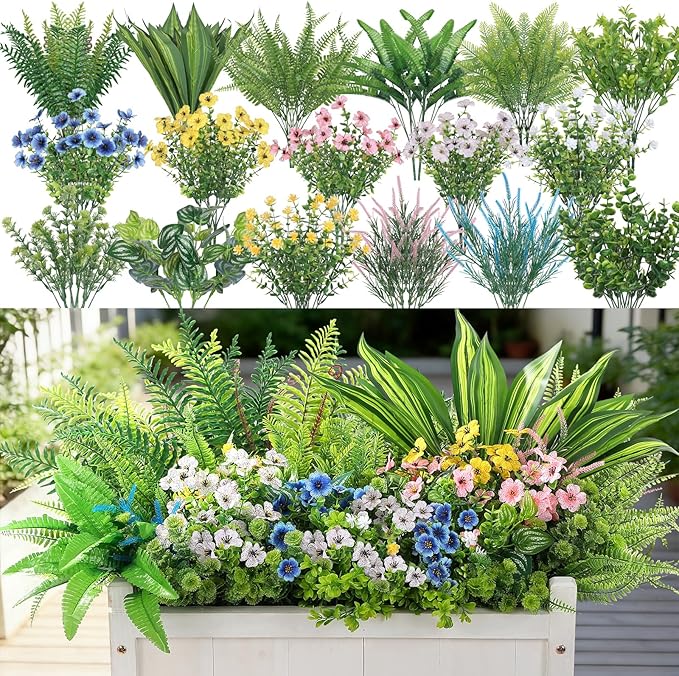 Alupssuc 48Pcs Artificial Flowers and Plants,UV Resistant & No Fade Fake Plastic Greenery Shrubs for Home Garden, Pathway, Front Porch-Spring Summer Decor, Indoor/Outdoor Use,Pink Blue Yellow White