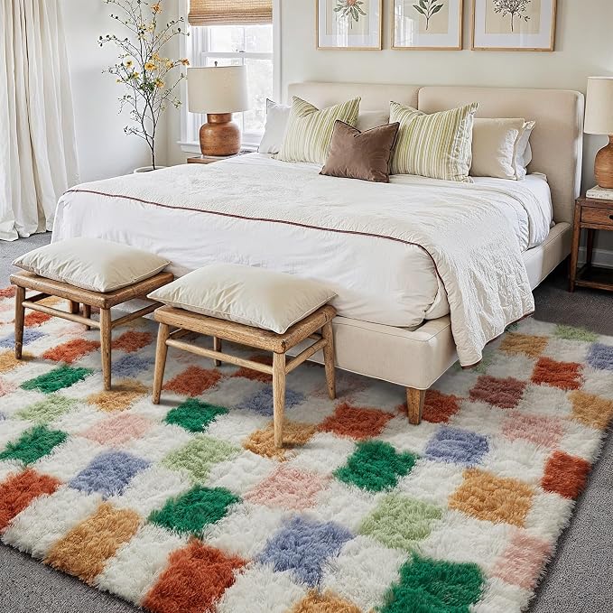 PureCozy Checkered Rug 5x7 for Living Room, Modern Neutral Shag Rug Super Soft Washable Indoor Fuzzy Carpet Non-Slip Fluffy Rugs for Bedroom Home Aesthetic Decor