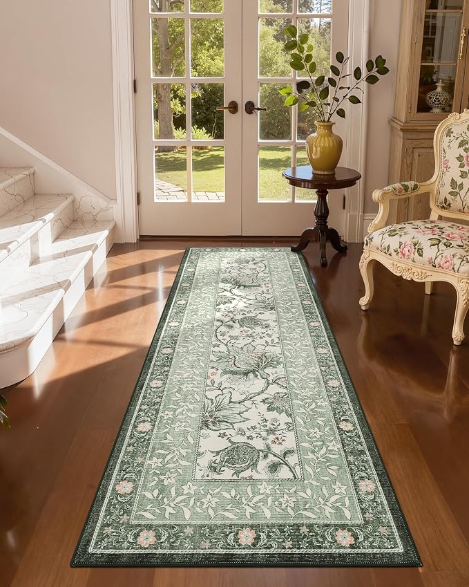GarveeHome Sage Green 2.5 x 8 Washable Kitchen Runner Rugs Non Slip Provence Vintage Boho Cottage Long Rug for Hallways Bedroom Entryway Bathroom Mat with Rubber Back