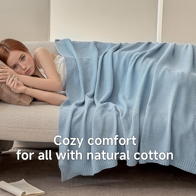 Simple&Opulence 100% Cotton Blanket King Size, Solid Color Cable Knitted Blanket Super Soft Comfortable Breathable Decorative Farmhouse for Couch Sofa Bed, All Season Use(Winter Blue,104x90)