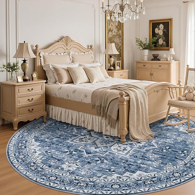 Round Area Rug for Living Room: 8 ft Washable Vintage Boho Soft Thin Circle Rug Indoor Floor No Slip Stain Resistant Carpet for Bedroom Dining Room Farmhouse Nursery Home Office - Blue