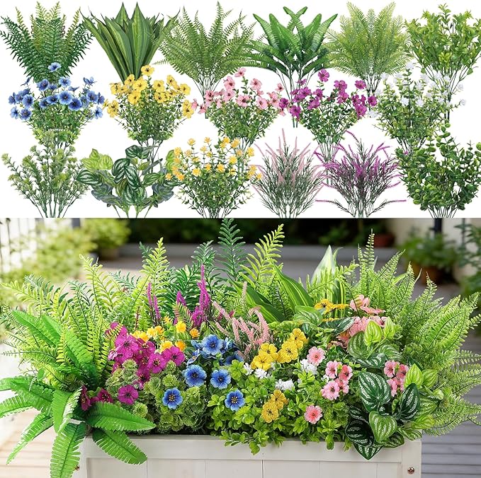 Alupssuc 48Pcs Artificial Flowers and Plants,UV Resistant & No Fade Fake Plastic Greenery Shrubs for Home Garden, Pathway, Front Porch-Spring Summer Decor, Indoor/Outdoor Use,Pink Purple Yellow Blue