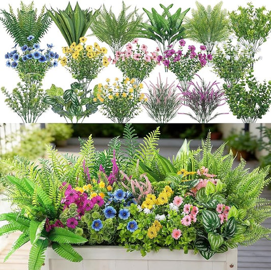 Alupssuc 48Pcs Artificial Flowers and Plants,UV Resistant & No Fade Fake Plastic Greenery Shrubs for Home Garden, Pathway, Front Porch-Spring Summer Decor, Indoor/Outdoor Use,Pink Purple Yellow Blue