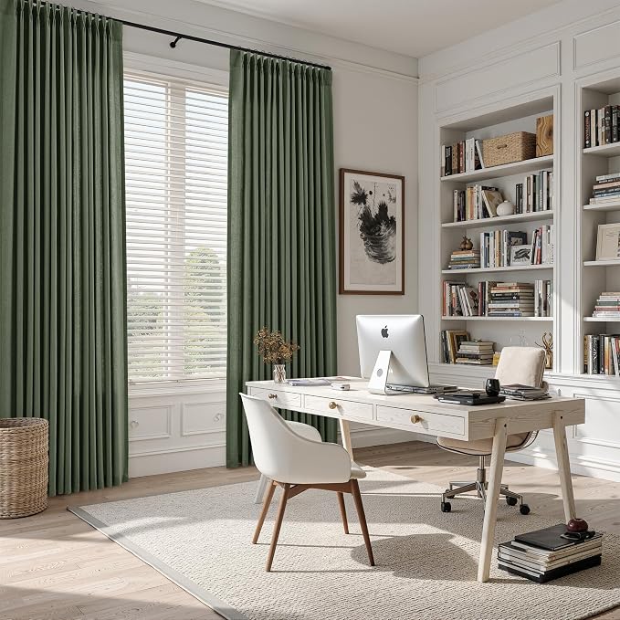 Olive Green Pinch Pleated Linen Curtains 96 Inch Length 2 Panels Set for Living Room Bedroom Vintage Neutral Window Privacy Light Filtering Semi Sheer Back Tab Drapes with Hooks for Dining Room 40x96