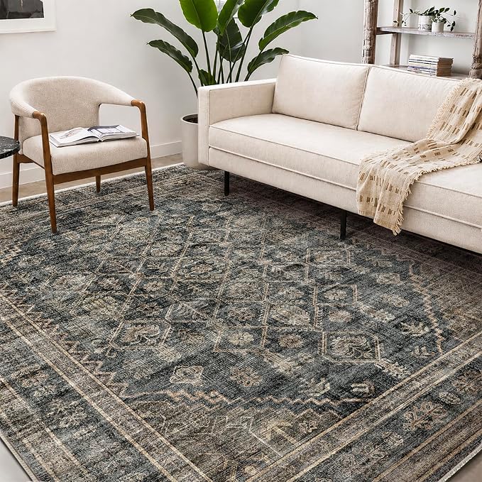 CHAMPLANT Washable Area Rug 9'x12' Retro Boho Design Non-Shedding Easy Care Ideal for High Traffic Areas in Living Room Bedroom Office Coffee Table Kitchen Large Carpet
