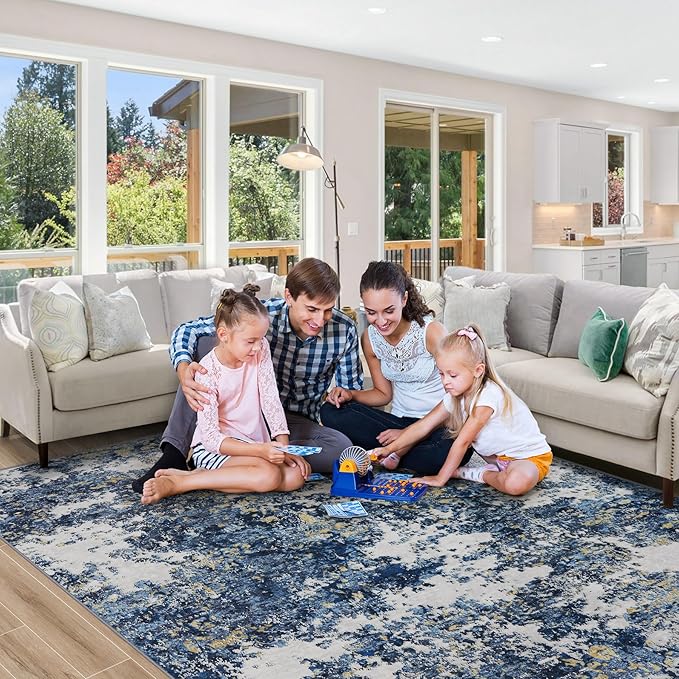 8x10 Area Rug for Living Room Bedroom: Large Washable Rug with Anti-Slip Backing Non-Shedding Stain-Resistant Soft Abstract Carpet for Dining Room Nursery Home Office (Blue/Multi)