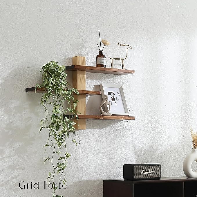 GRID FORTE Wood 3 Tier Floating Shelf, Large Minimalist Wall Shelves, Mid Century Modern Furniture, Art Deco, Plant Rock Crystal Shelving for Bedroom Living Room Office Bathroom