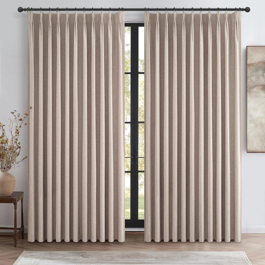 Pinch Pleated Flax Linen Blackout Extra Wide Curtain Panels for Living Room/Sliding Glass Door, Thick Burlap Memory Trained Window Drapes Insulated with Back Tab Dining Room (70"Wx96"Lx2 Panels)