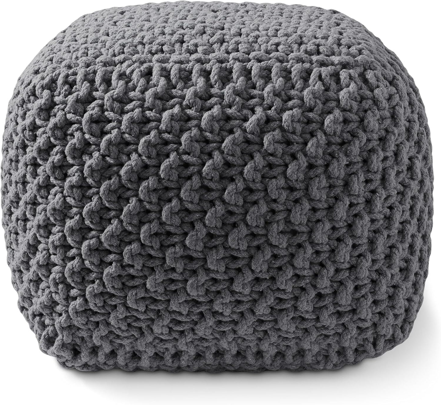 Casafield Square Pouf Ottoman, Dark Gray 18.5" W x 18.5" D x 14.5" H Cotton Knit Foot Stool - Boho Floor Pouffe for Living Room, Bedroom, Home Office