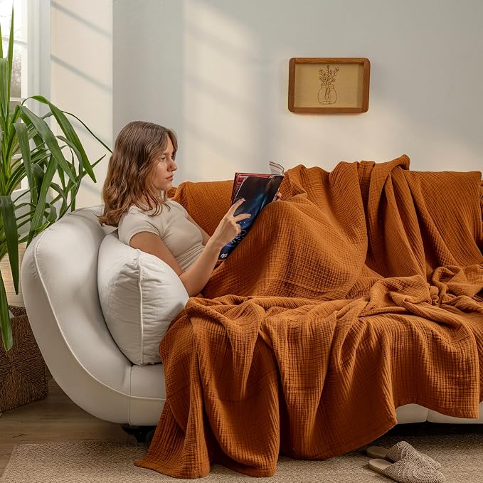 Muslin Blanket - Pure 100% Turkish Cotton Airy Soft Light Versatile Gauze Throw Blanket for Bed, Couch, Sofa (Cinnamon Brown, Twin XL Size (71" x 95" inch))