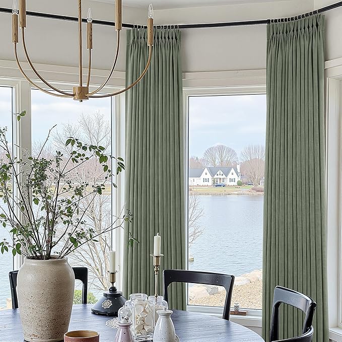 Sage Green Pleated Linen Curtains 108 Inch Length 2 Panels Set Semi Sheer Light Filtering Privacy Window Drapes for Living Room Modern Viral Pinch Pleated Curtains 108 Inches with Hooks Rings Clips