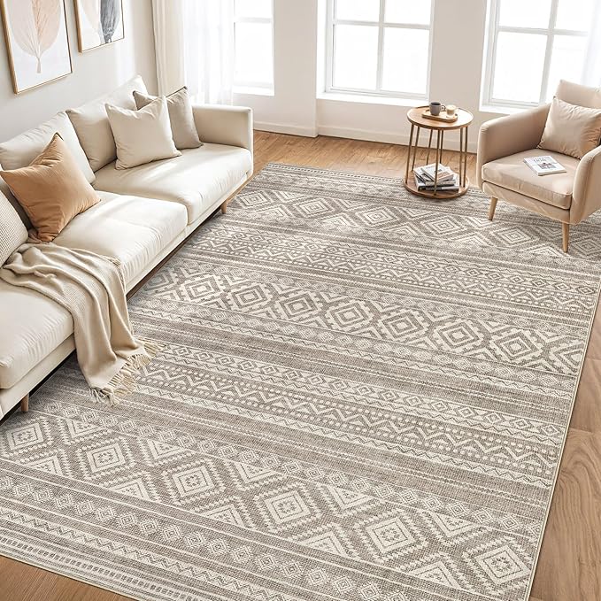 cotiled 10x13 Area Rug Living Room: Washable Boho Rugs with Non Slip Backing Large Soft Indoor Stain Resistant Carpet for Bedroom Farmhouse Dining Room Lightweight Home Decor Coffee Brown