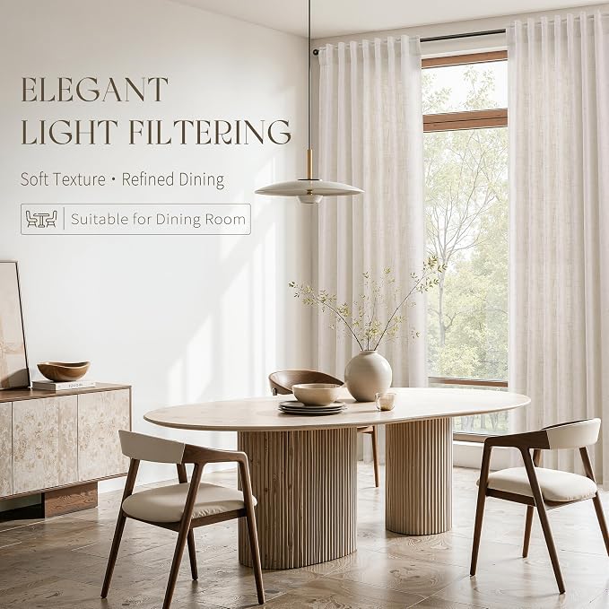Jowels Natural Linen Curtains 96 Inches Long for Living Room Bedroom, 2 Panel Set, Cream Thick Textured Light Filtering Sheer Curtains, Back Tab Rod Pocket Modern Farmhouse Privacy Drapes