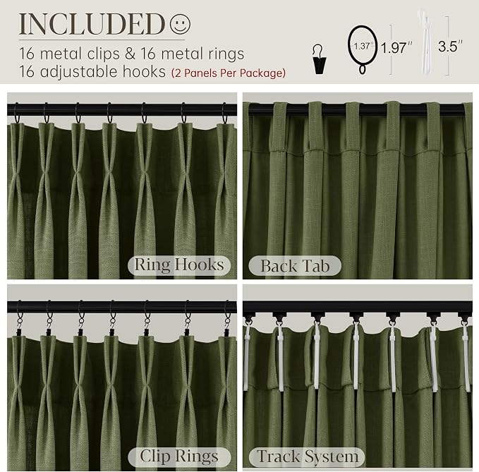 Olive Green Pleated Linen Curtains 96 Inches Long for Living Dining Room Bedroom Light Filtering Boho Window Drapes 2 Panels with Hooks Rings Clips Sliding Glass Door Semi Sheer Curtain Pinch Pleat