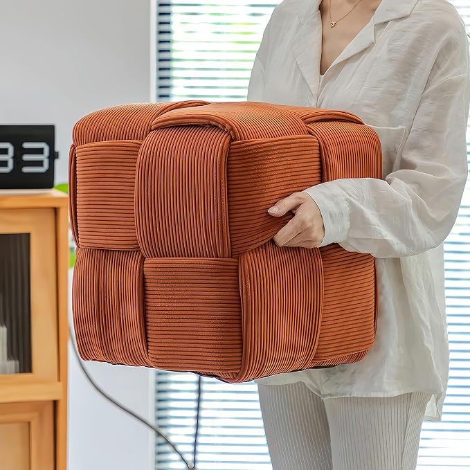 Cmishe 15" Square Woven Corduroy Ottoman Footrest - Modern Vanity Stool for Living Room & Entryway, Eco-Friendly Wood Frame, No Assembly (Orange)