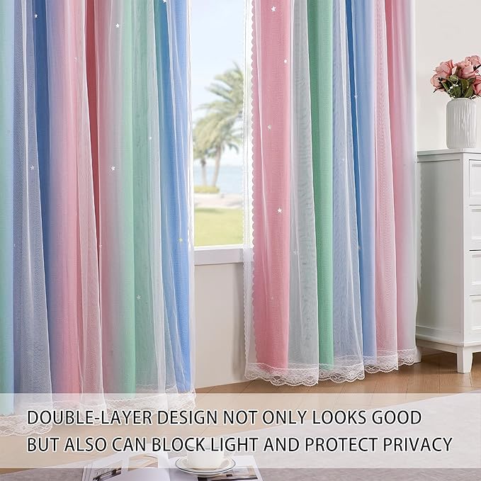 XiDi Pink Green Blue Curtains 84 Inches Long for Girls Bedroom 2 Panels Set, Blackout Rainbow Curtains for Kids Room Decor, Unicorn Wall Decals Drapes for Little Girl Nursery Room 34 Inches Wide
