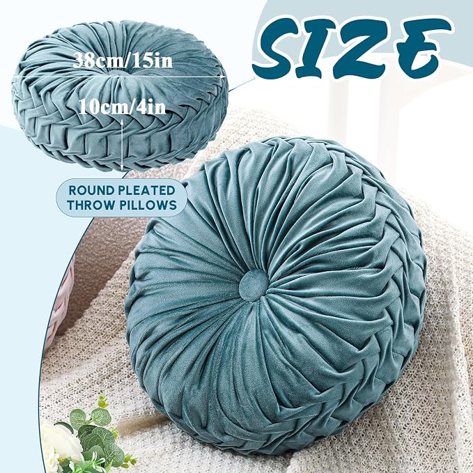 Drydiet 1 Pcs Round Throw Velvet Pillows Decorative Pleated Throw Pillows Diameter Accent Pumpkin Boho Chair Cushion for Couch Sofa Home Decoration (Dusty Blue,15'')