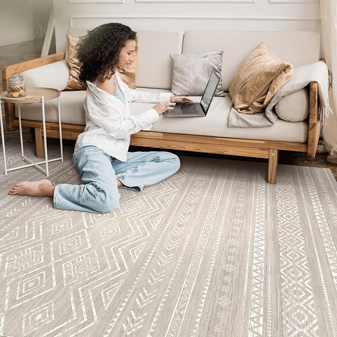 Tortania Area Rug Living Room Rugs - 10x14 Washable Large Soft Neutral Boho Moroccan Bohemian Farmhouse Rug Indoor Floor Carpet for Bedroom Under Dining Table Home Office Decor - Taupe