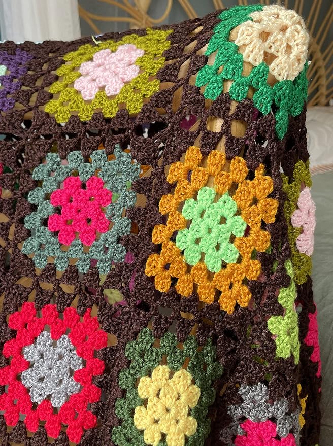 RISEON Handmade Granny Square Crochet Throw Blanket Sweater Style Mat, crochet quilt, multicolor Boho Travel Accent Decor Throw for Sofa Comforter Couch Bed Recliner Living Room Bedroom (Dark Brown)