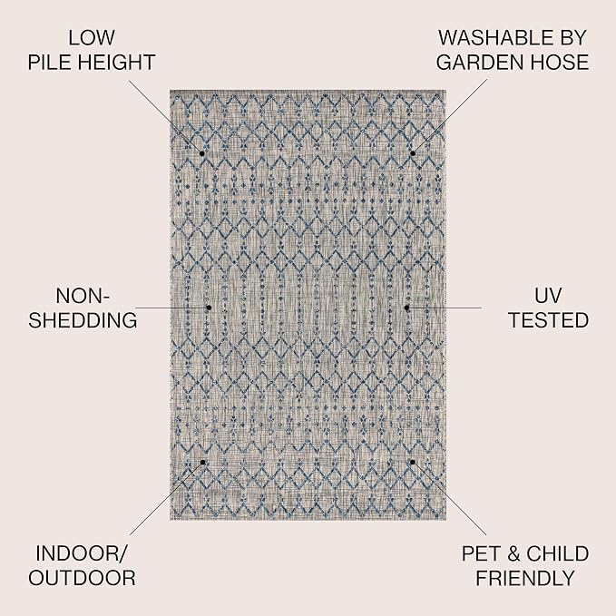 JONATHAN Y Moroccan Geometric Indoor Outdoor Square Area Rug 8X8 Light Gray/Navy, Ourika Textured Weave for Backyard, Patio, Porch, Easy-Cleaning, High Traffic, Pet-Friendly, Non-Shedding SMB108A-8SQ