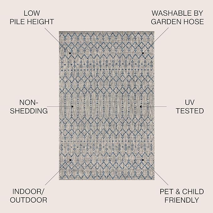 JONATHAN Y Moroccan Geometric Indoor Outdoor Square Area Rug 6X6 Light Gray/Navy, Ourika Textured Weave for Backyard, Patio, Porch, Easy-Cleaning, High Traffic, Pet-Friendly, Non-Shedding SMB108A-6SQ