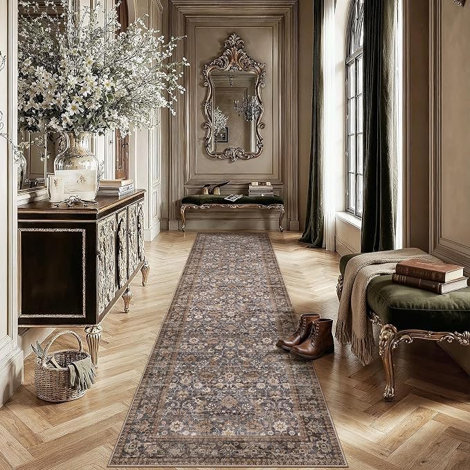 HUGEAR 2x12 Runner Rug Machine Washable Tradition Brown Hallway Area Rugs Indoor Accent Rugs Floral Low Pile Carpet Distressed Throw Rug Bedroom Living Room Office Dining Kitchen Laundry Non Slip