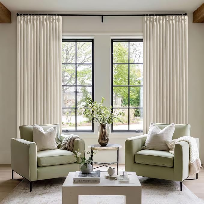 Linen Beige Pleated Curtains 90 Inches Long Patio Sliding Door Curtains 70 Inch Width Light Filtering Semi Sheer Curtain Drapes Oatmeal Tan Neutral Extra Wide 70x90 Curtain Panels for Living Room