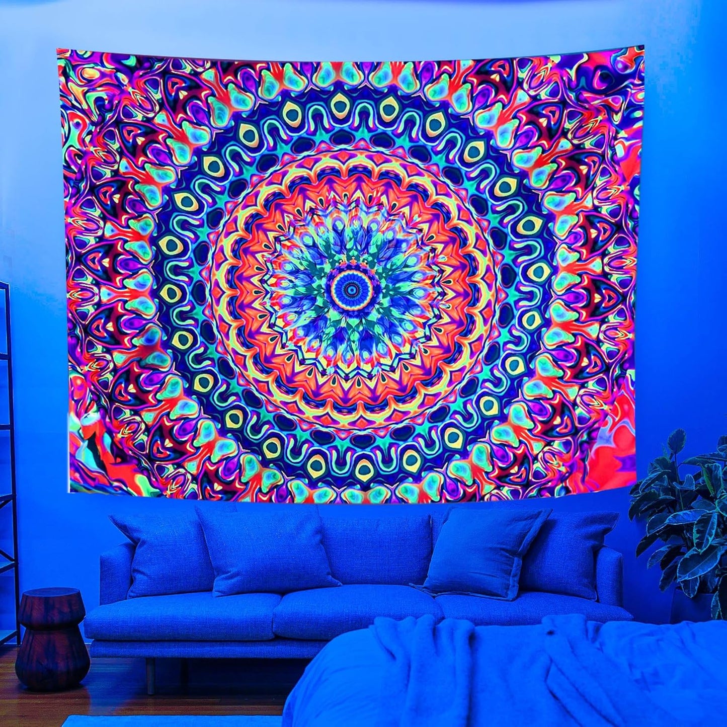 OSVINO Blacklight Colorful Mandala Tapestry 90"x70" Kaleidoscopic Trippy Room Decor Black Light Poster Bohemian Wall Decor for Bedroom Backdrop Decor