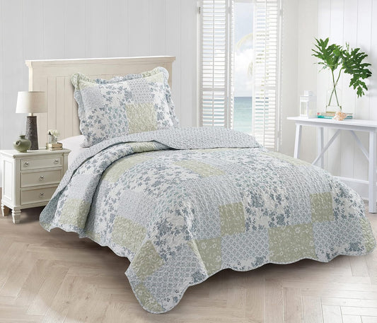 Brilliant Sunshine Multi Blue and Beige Floral Patchwork, 2-Piece Quilt Set with 1 Sham, Reversible Bedspread, Soft Lightweight Coverlet, All-Season, Twin, Blue White