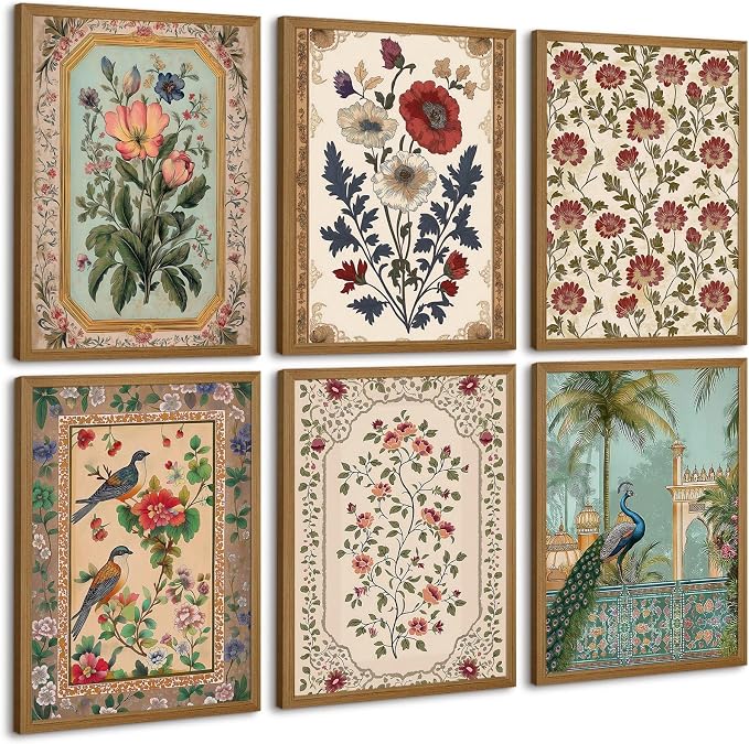 Indian Wall Art Vintage Floral Canvas Poster India Wall Decor Folk Flower Prints Scandinavian Pictures Antique Botanical Painting Gallery Artwork for Bedroom Living Room 8x10x6 Inch Wood Framed