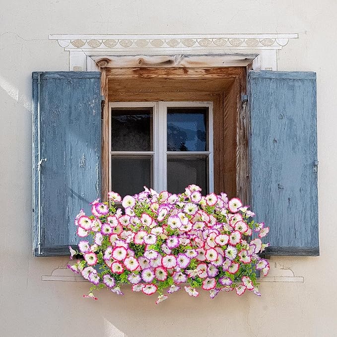 Hrobek Artificial Flowers for Outdoor Spring Summer Decoration, 10 Bundles Fake Plastic Flower Plant, Faux Colorful Silk Morning Glory Eucalyptus for Outside Garden Porch Front Door Decor, Pink White