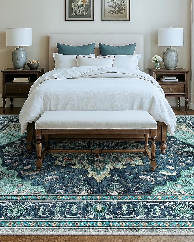 RELEANY Area Rugs 9'x12' Washable Non-Slip, Floral Vintage Distress Print Pattern Medallion Carpet for Living Room Bedroom Dining Room, Teal Green Lake Blue Turquoise