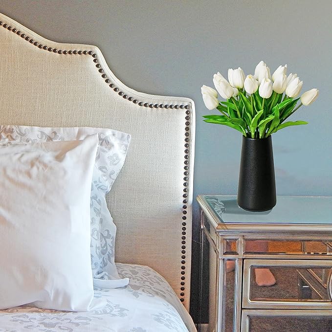 Mandy's White Artificial Tulips Flowers Centerpiece, 13.5" Lifelike PU Fake Floral Stems 28pcs for Kitchen Island & Dining Table, Spring Decor for Easter