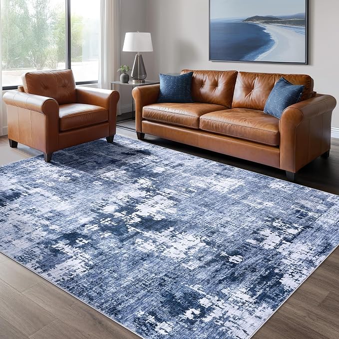 DMOYEST Area Rug Living Room Rugs - 5x7 Washable Large Soft Indoor Neutral Modern Abstract Low Pile Rug Carpet for Bedroom Dining Room Farmhouse Home Office - Navy Blue