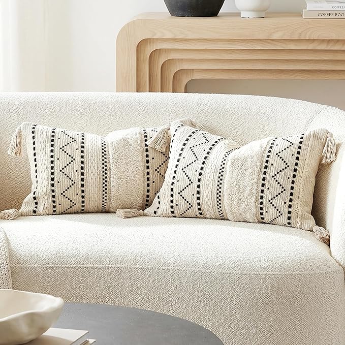 BlissBlush Decorative Lumbar Throw Pillow Covers 12x20 Combo Set of 2 Rectangular Boho Accent Pillowcase Black Neutral Farmhouse Cushion for Couch Sofa Bedroom Living Home Décor Cover ONLY
