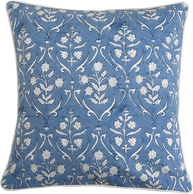 Ridhi Block Print Cornflower Blue Pillow Cover 18" x 18" (Pack of 2) Decorative Couch Pillows for Living Room, Chic Boho Cute Outdoor Pillows Covers Gifts for Spring, Easter and Valentine