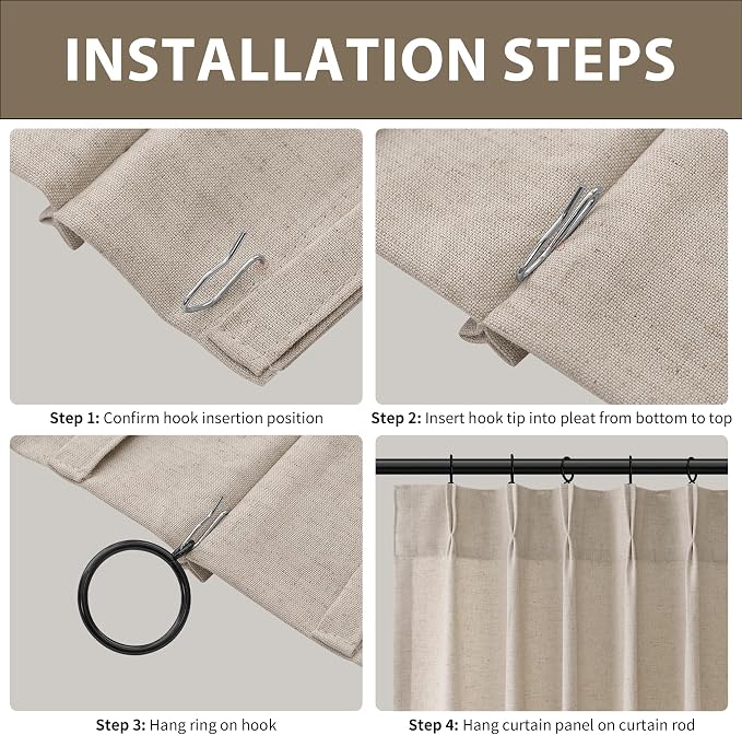 Oatmeal Beige Pinch Pleated Linen Curtains 96 Inch Length 2 Panels for Living Room Bedroom Country Farmhouse Window Privacy Light Filtering Semi Sheer Back Tab Drapes with Hooks for Dining Room 40x96