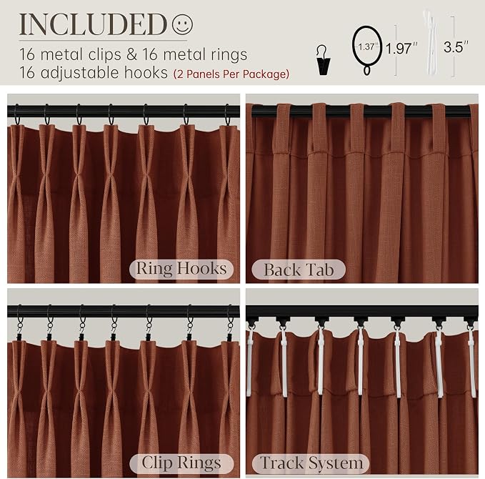 Terracotta Burnt Orange Thick Linen Curtains Pinch Pleated 96 Inch Length 2 Panels for Living Room Bedroom Semi Sheer Light Filtering Heavy Linen Drapes